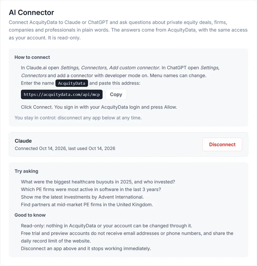 The AI Connector page in AcquityData My Account, showing the address to copy and the how-to-connect steps