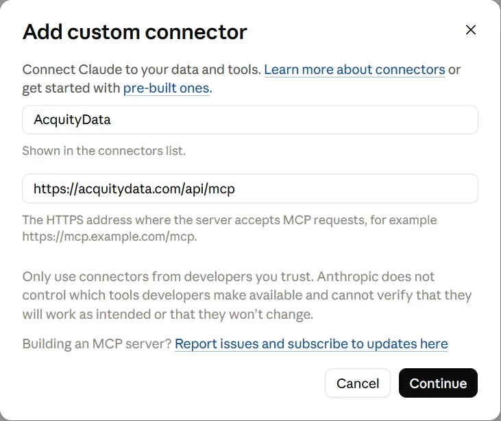 Claude Add custom connector dialog with the name AcquityData and the AcquityData address filled in
