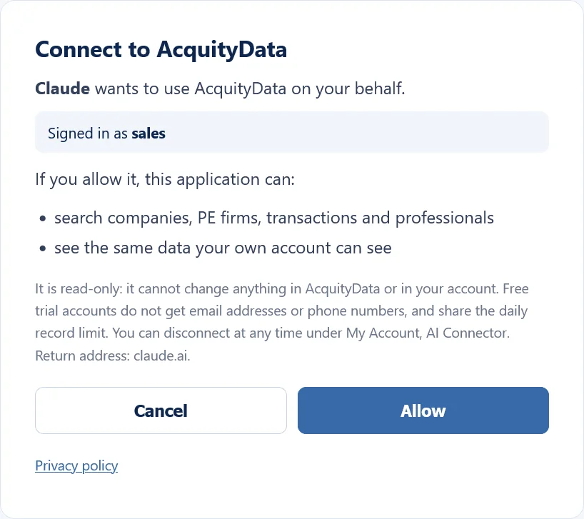 The AcquityData page asking you to allow Claude to use AcquityData on your behalf, with Cancel and Allow buttons