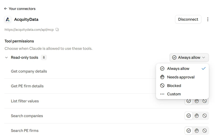 Claude tool permissions for the AcquityData connector, with the Always allow, Needs approval and Blocked options